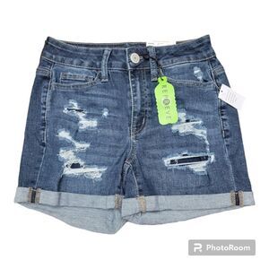 SO Jean High-Rise Curvy Midi Short Dark Wash Denim Distressed Stretch Size 0